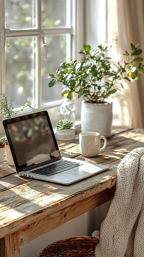 A laptop and cup of coffee beside a sunlit window and plants